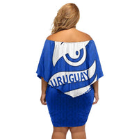 Uruguay Family Matching Off Shoulder Short Dress and Hawaiian Shirt with Owl Illustration Blue White Abstract Motion Design - Wonder Print Shop