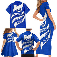 Uruguay Family Matching Short Sleeve Bodycon Dress and Hawaiian Shirt with Owl Illustration Blue White Abstract Motion Design - Wonder Print Shop