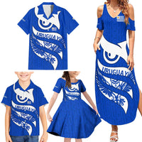 Uruguay Family Matching Summer Maxi Dress and Hawaiian Shirt with Owl Illustration Blue White Abstract Motion Design - Wonder Print Shop
