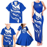 Uruguay Family Matching Tank Maxi Dress and Hawaiian Shirt with Owl Illustration Blue White Abstract Motion Design - Wonder Print Shop
