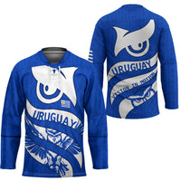 Uruguay Hockey Jersey with Owl Illustration Blue White Abstract Motion Design - Wonder Print Shop