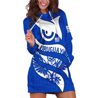 Uruguay Hoodie Dress with Owl Illustration Blue White Abstract Motion Design - Wonder Print Shop