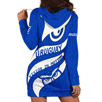 Uruguay Hoodie Dress with Owl Illustration Blue White Abstract Motion Design - Wonder Print Shop