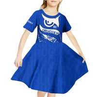 Uruguay Kid Short Sleeve Dress with Owl Illustration Blue White Abstract Motion Design - Wonder Print Shop