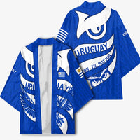 Uruguay Kimono with Owl Illustration Blue White Abstract Motion Design - Wonder Print Shop