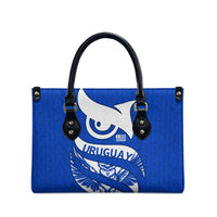 Uruguay Leather Bag with Owl Illustration Blue White Abstract Motion Design - Wonder Print Shop