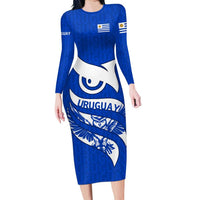 Uruguay Long Sleeve Bodycon Dress with Owl Illustration Blue White Abstract Motion Design - Wonder Print Shop