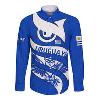 Uruguay Long Sleeve Button Shirt with Owl Illustration Blue White Abstract Motion Design - Wonder Print Shop