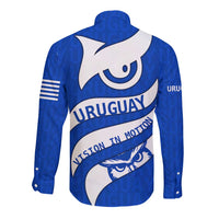 Uruguay Long Sleeve Button Shirt with Owl Illustration Blue White Abstract Motion Design - Wonder Print Shop