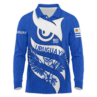 Uruguay Long Sleeve Polo Shirt with Owl Illustration Blue White Abstract Motion Design - Wonder Print Shop