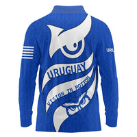 Uruguay Long Sleeve Polo Shirt with Owl Illustration Blue White Abstract Motion Design - Wonder Print Shop