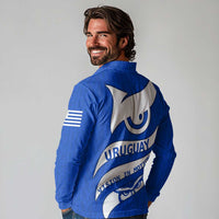 Uruguay Long Sleeve Polo Shirt with Owl Illustration Blue White Abstract Motion Design - Wonder Print Shop