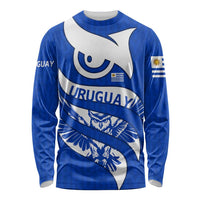 Uruguay Long Sleeve Shirt with Owl Illustration Blue White Abstract Motion Design - Wonder Print Shop
