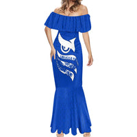 Uruguay Mermaid Dress with Owl Illustration Blue White Abstract Motion Design - Wonder Print Shop