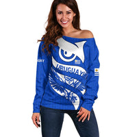 Uruguay Off Shoulder Sweater with Owl Illustration Blue White Abstract Motion Design - Wonder Print Shop