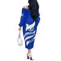 Uruguay Off The Shoulder Long Sleeve Dress with Owl Illustration Blue White Abstract Motion Design - Wonder Print Shop