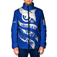 Uruguay Padded Jacket with Owl Illustration Blue White Abstract Motion Design - Wonder Print Shop
