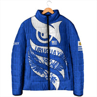 Uruguay Padded Jacket with Owl Illustration Blue White Abstract Motion Design - Wonder Print Shop