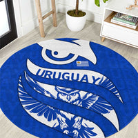 Uruguay Round Carpet with Owl Illustration Blue White Abstract Motion Design - Wonder Print Shop