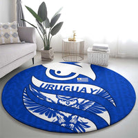 Uruguay Round Carpet with Owl Illustration Blue White Abstract Motion Design - Wonder Print Shop