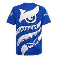Uruguay Rugby Jersey with Owl Illustration Blue White Abstract Motion Design - Wonder Print Shop