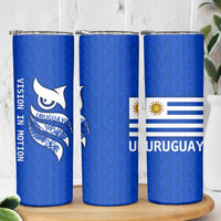 Uruguay Skinny Tumbler with Owl Illustration Blue White Abstract Motion Design - Wonder Print Shop