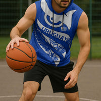 Uruguay Sleeveless Hoodie with Owl Illustration Blue White Abstract Motion Design - Wonder Print Shop