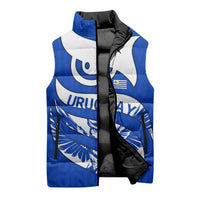 Uruguay Sleeveless Puffer Jacket with Owl Illustration Blue White Abstract Motion Design - Wonder Print Shop