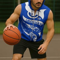 Uruguay Sleeveless Zip Hoodie with Owl Illustration Blue White Abstract Motion Design - Wonder Print Shop