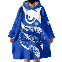 Uruguay Wearable Blanket Hoodie with Owl Illustration Blue White Abstract Motion Design - Wonder Print Shop