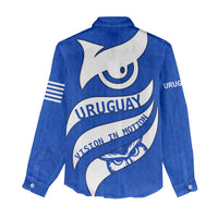 Uruguay Women Casual Shirt with Owl Illustration Blue White Abstract Motion Design - Wonder Print Shop