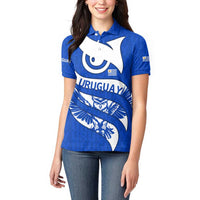 Uruguay Women Polo Shirt with Owl Illustration Blue White Abstract Motion Design - Wonder Print Shop
