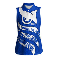 Uruguay Women Sleeveless Polo Shirt with Owl Illustration Blue White Abstract Motion Design - Wonder Print Shop