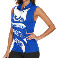 Uruguay Women Sleeveless Polo Shirt with Owl Illustration Blue White Abstract Motion Design - Wonder Print Shop