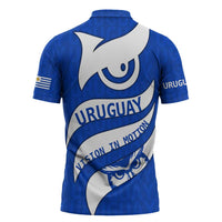 Uruguay Zipper Polo Shirt with Owl Illustration Blue White Abstract Motion Design - Wonder Print Shop