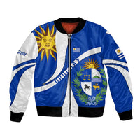 Uruguay Bomber Jacket with National Emblem and Sun Symbol Blue White Wave - Wonder Print Shop