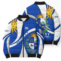 Uruguay Bomber Puffer Jacket with National Emblem and Sun Symbol Blue White Wave - Wonder Print Shop