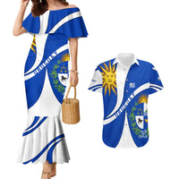 Uruguay Couples Matching Mermaid Dress and Hawaiian Shirt with National Emblem and Sun Symbol Blue White Wave - Wonder Print Shop