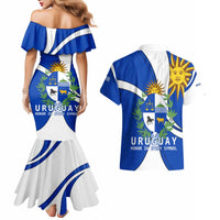 Uruguay Couples Matching Mermaid Dress and Hawaiian Shirt with National Emblem and Sun Symbol Blue White Wave - Wonder Print Shop