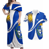 Uruguay Couples Matching Off Shoulder Maxi Dress and Hawaiian Shirt with National Emblem and Sun Symbol Blue White Wave - Wonder Print Shop