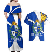 Uruguay Couples Matching Off Shoulder Maxi Dress and Hawaiian Shirt with National Emblem and Sun Symbol Blue White Wave - Wonder Print Shop