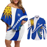 Uruguay Couples Matching Off Shoulder Short Dress and Long Sleeve Button Shirt with National Emblem and Sun Symbol Blue White Wave - Wonder Print Shop