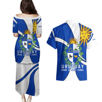 Uruguay Couples Matching Puletasi and Hawaiian Shirt with National Emblem and Sun Symbol Blue White Wave - Wonder Print Shop