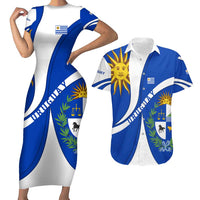Uruguay Couples Matching Short Sleeve Bodycon Dress and Hawaiian Shirt with National Emblem and Sun Symbol Blue White Wave - Wonder Print Shop