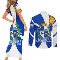 Uruguay Couples Matching Short Sleeve Bodycon Dress and Long Sleeve Button Shirt with National Emblem and Sun Symbol Blue White Wave - Wonder Print Shop