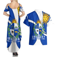 Uruguay Couples Matching Summer Maxi Dress and Hawaiian Shirt with National Emblem and Sun Symbol Blue White Wave - Wonder Print Shop