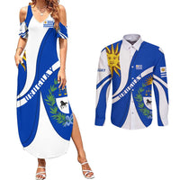 Uruguay Couples Matching Summer Maxi Dress and Long Sleeve Button Shirt with National Emblem and Sun Symbol Blue White Wave - Wonder Print Shop