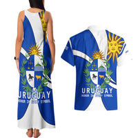 Uruguay Couples Matching Tank Maxi Dress and Hawaiian Shirt with National Emblem and Sun Symbol Blue White Wave - Wonder Print Shop