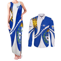 Uruguay Couples Matching Tank Maxi Dress and Long Sleeve Button Shirt with National Emblem and Sun Symbol Blue White Wave - Wonder Print Shop