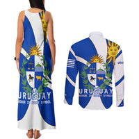 Uruguay Couples Matching Tank Maxi Dress and Long Sleeve Button Shirt with National Emblem and Sun Symbol Blue White Wave - Wonder Print Shop